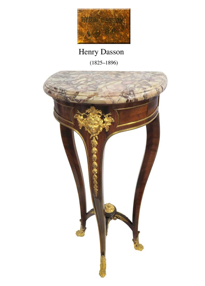 19th C. French Henry Dasson Ormolu-Mounted Console Table: 19th C. French Henry Dasson Ormolu-Mounted Console Table. Measures H: 43 1/2" W: 22" W: 16"