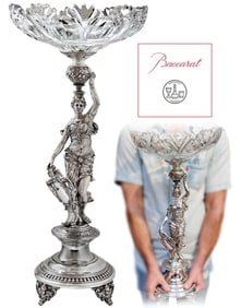 19th C. French Figural Silver Plated Baccarat Crystal Centerpiece