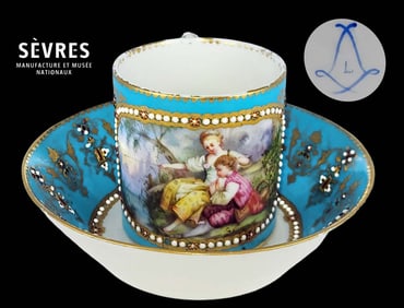 19th C. Jeweled Large Sevres Cup & Saucer