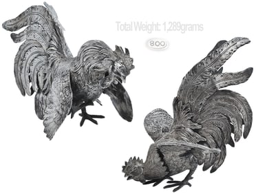 Pair Antique Solid 800 Silver (1,289g) Cockerels / Roosters fighting