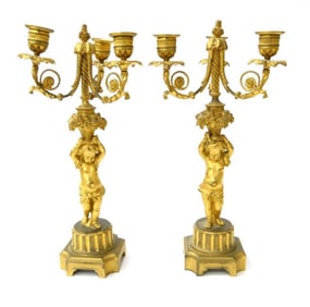 Pair of 19th C. Dore Bronze Figural Bronze Candelabras