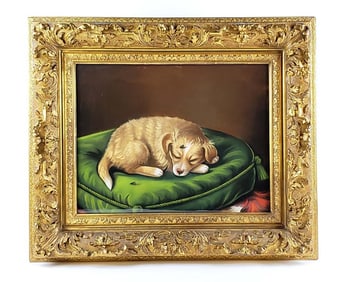Magnificent 19th C. European Still Life Pastel on paper Painting of a Sleeping Dog Signed