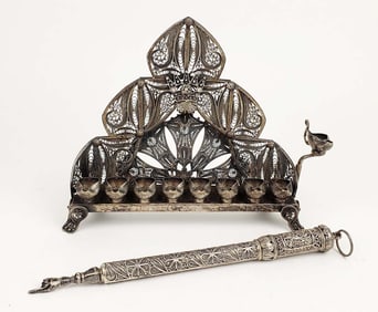 Judaica Sterling Silver Oil Menorah & Torah Pointer