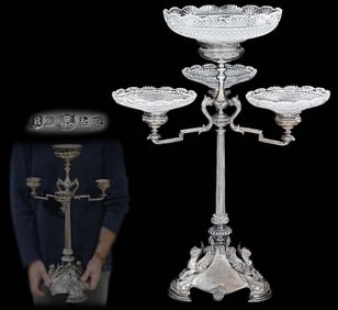 19th C. English Silver Plated Figural Centerpiece With Crystal Bowls