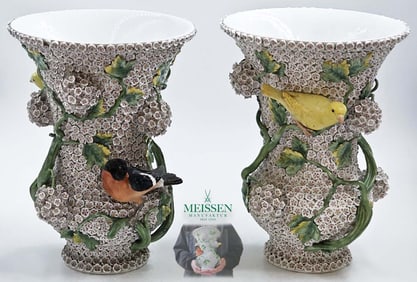 Pair Of 19th C. Snowball Schneeballen Meissen Vases
