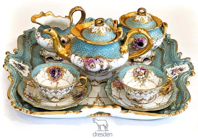 Set Of Eight Piece 19th C. Hand Painted Dresden Lamb Tea Set