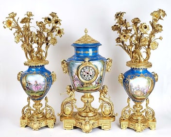 Magnificent 19th C. 3 Pc. Sevres Gilt Bronze & Porcelain Clockset, Circa 1880