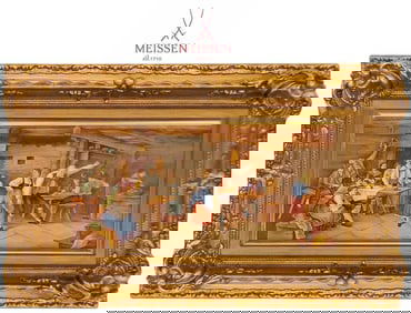 20th C. Meissen Plaque, Hand Painting Of Bar Scene With Gilded Frame