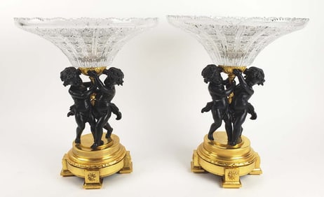 Pair of 19th C. Gilt & Patinated Bronze & Crystal Figural Centerpieces