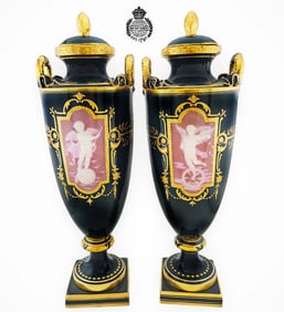 Pair of 19th C. Pate Sur Pate Mintons Porcelain Angel Vases / Urns Signed By Birks