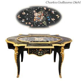 19th Century Charles-Guillaume Diehl Figural Bronze Mounted Pietra Dura-Top Desk / Table