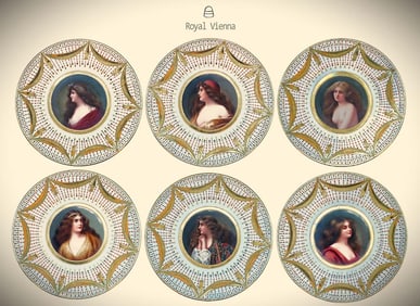 19th C. Set Of Six Royal Vienna Hand Painted Decorative Wall Plates, Signed