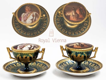 Pair Of 19th C. Royal Vienna Porcelain Lidded Cup & Saucers
