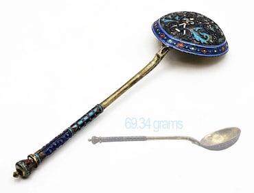 19th C. Faberge Style (69.34 grams) Russian Enamel Silver Gilt Large Spoon