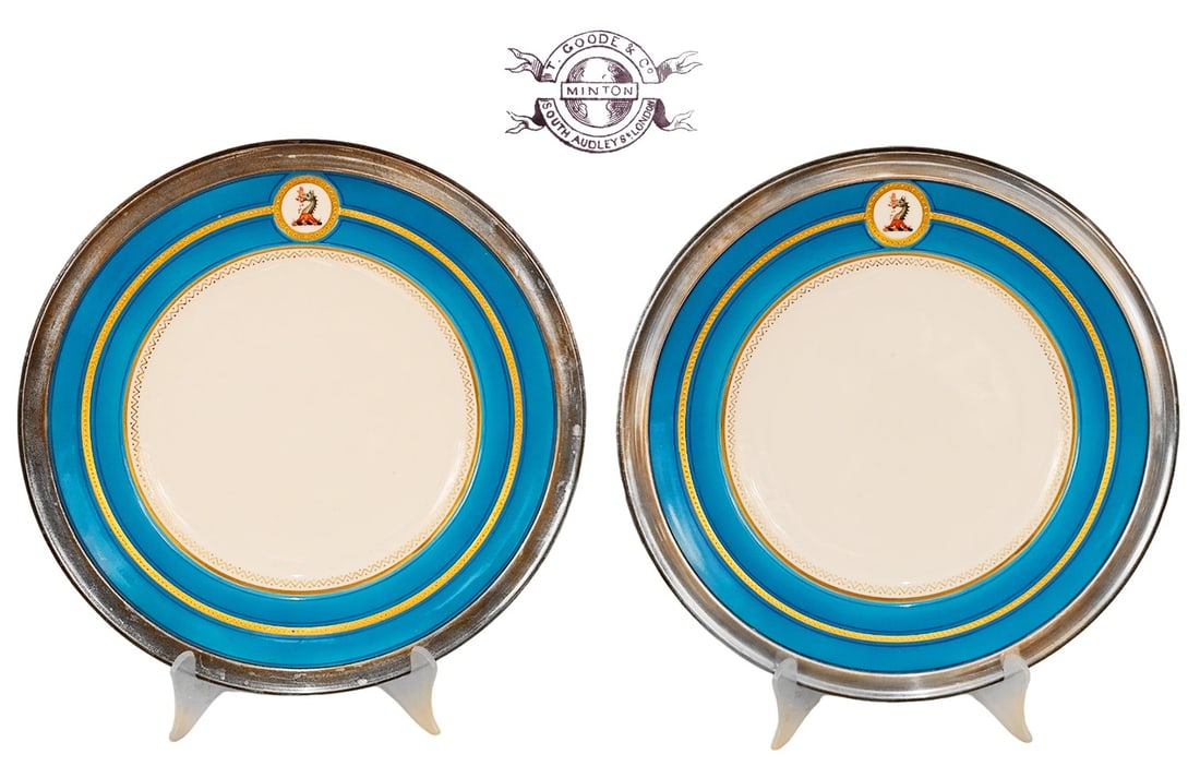 Pair Of Rare T. Goode & Co \ Minton Audley Sterling Silver Rimmed Dinner Plates: Pair Of Rare T. Goode & Co \ Minton Audley Sterling Silver Rimmed Dinner Plates. D 11"