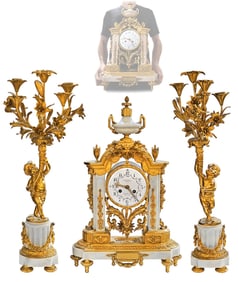 19th C. French Louis XVI Style Gilt-Bronze Figural Mental Clockset