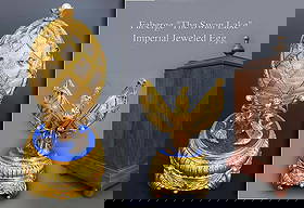 Faberge "The Swan Lake" Imperial Jeweled Egg: Faberge "The Swan Lake" Imperial Jeweled Egg. "The Swan Lake" Imperial Jeweled egg from Franklin Mint. Crafted in solid sterling silver (.925) plated in gold 24 carats, guilloche, hand crafted enamel