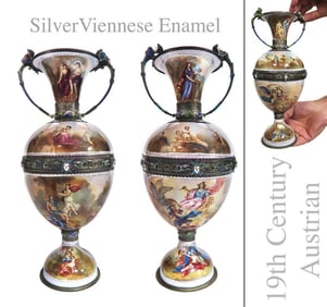 Exquisite Large Pair of Viennese Enamel Silver Vases