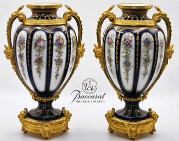 Pair Of 19th Century Baccarat Opaline Figural Bronze Mounted Vases