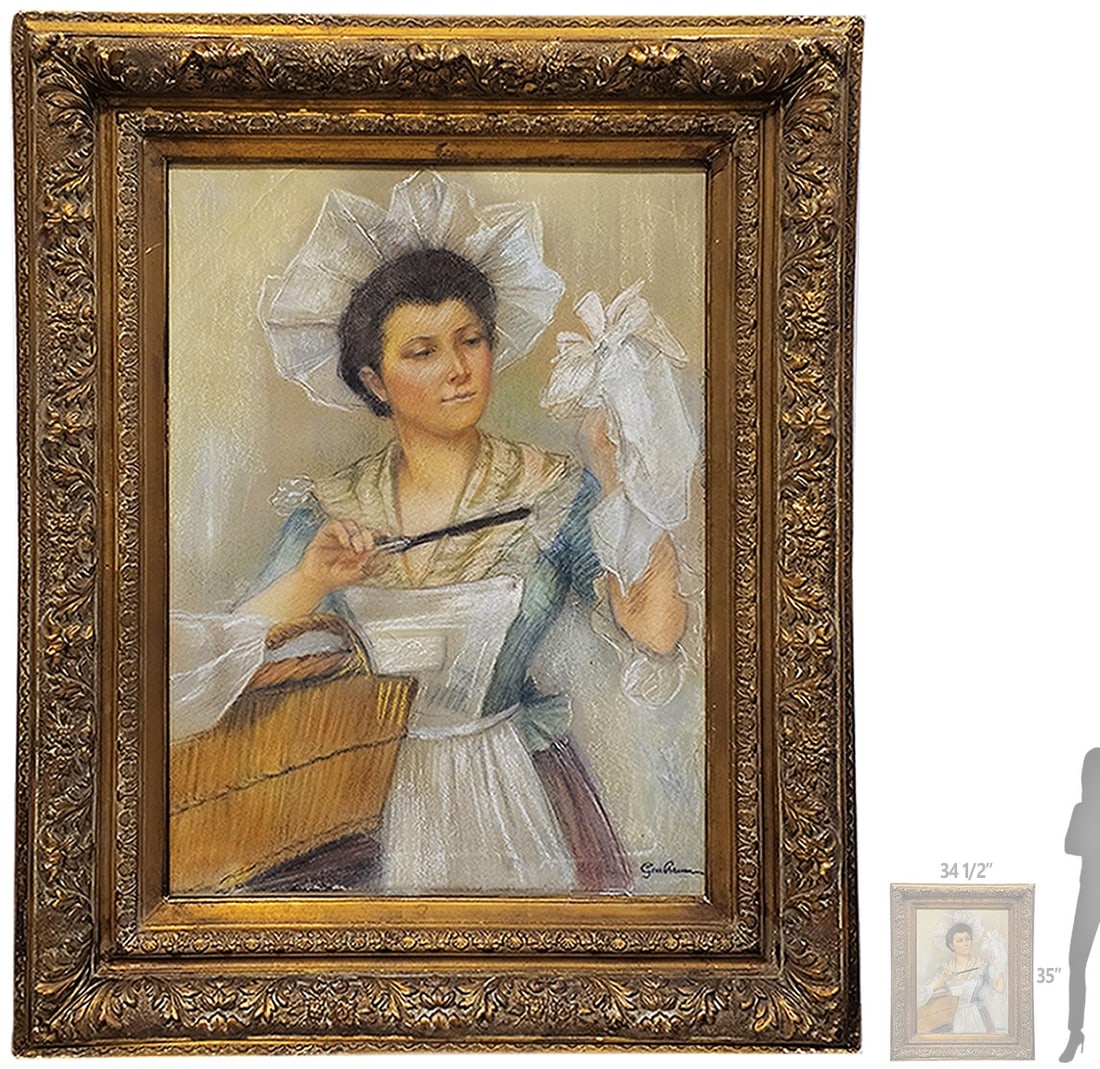 Large Late 19th C. Hostel On Canvas Of A Victorian Sewing Woman Cutting Fabric Painting, Signed: Large Late 19th C. Hostel On Canvas Of A Victorian Sewing Woman Cutting Fabric Painting, Signed. Frame: 34 1/2" x 35" \ Canvas: 23 1/2" x 31 1/2"