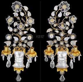 Pair Of Large Maison Bagues Style Rock Crystal Two-Arm Gilt Sconces