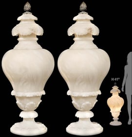 Pair Of Large 19th C. French Carved Alabaster Lamps