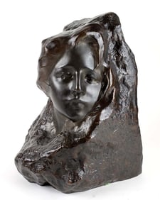19th C. Bronze Statue "Face on Stone" Signed