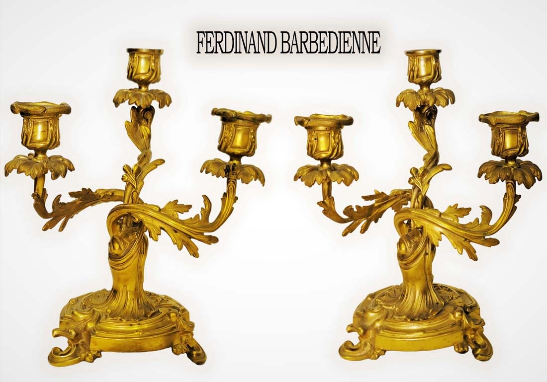 Pair Of Signed 19th Century French Ferdinand Barbedienne Gilt Bronze Candelabras: Pair Of Signed 19th Century French F.Barbedienne Gilt Bronze Candelabras. H 10" x W 5 1/2" x L 9"