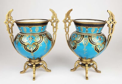 Pair of 19th C. French Jewelled Bronze Mounted Vases