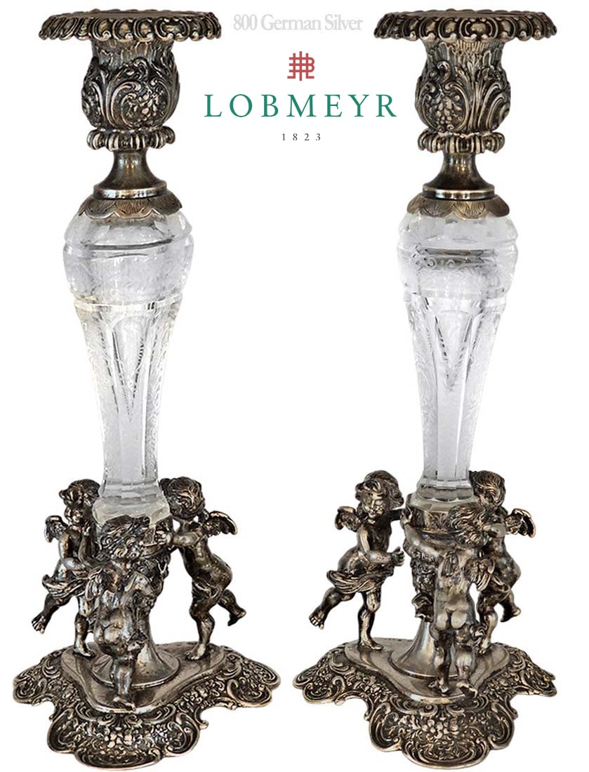 Pair Of Lobmeyr Glass 800 German Silver Figural Candlesticks: Pair Of Lobmeyr Glass 800 German Silver Figural Candlesticks. H 12" x W 4 1/2" x L 5"