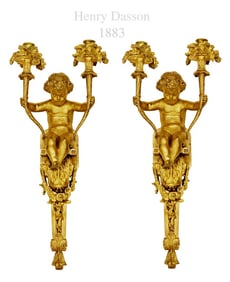 Pair Of 19th C. Henry Dasson Figural Large Bronze Sconces
