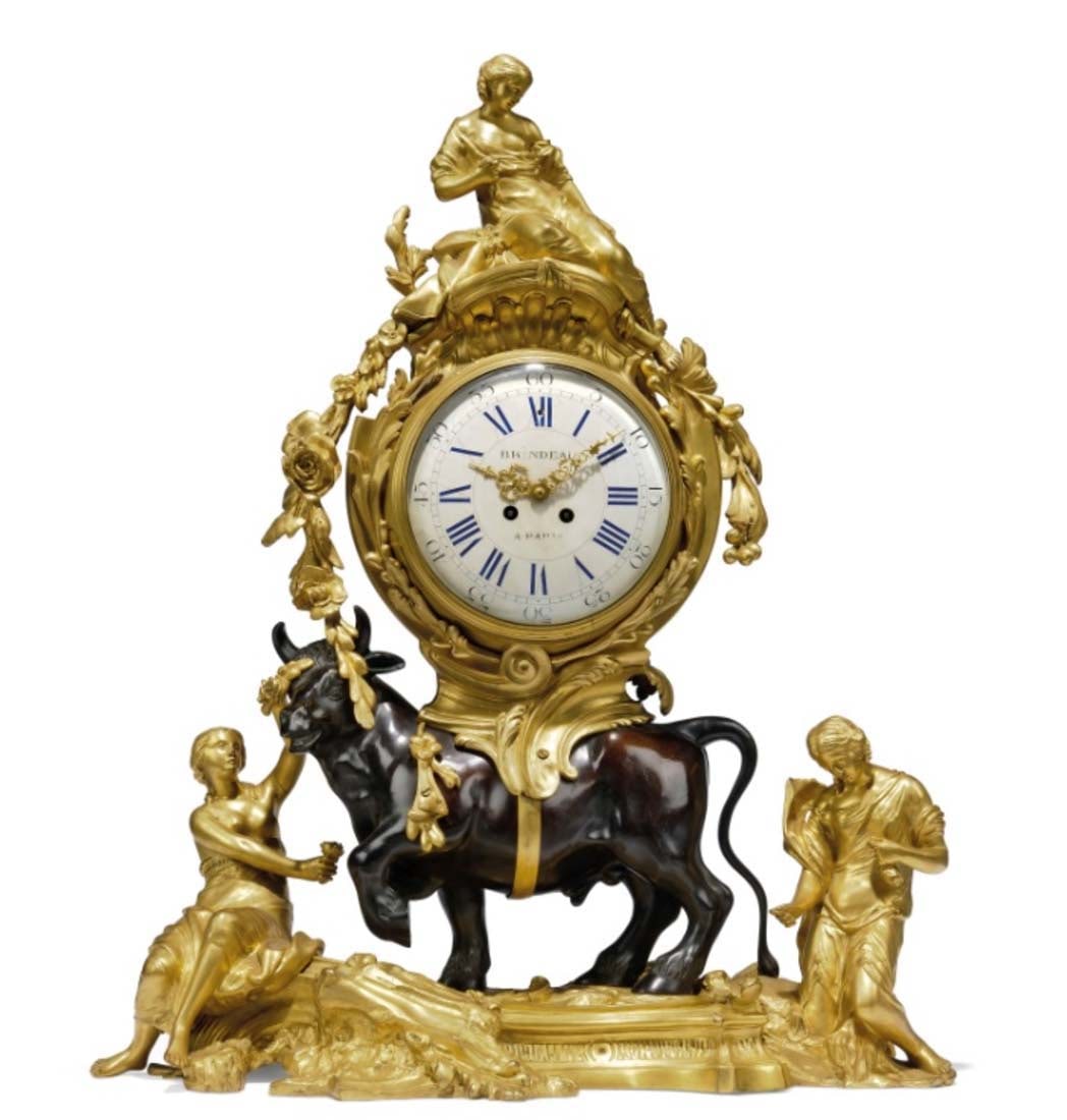 A Large 19th C. French Louis XV Style Gilt & Patinated Bronze Figural Mantle Clock (1 of 1)