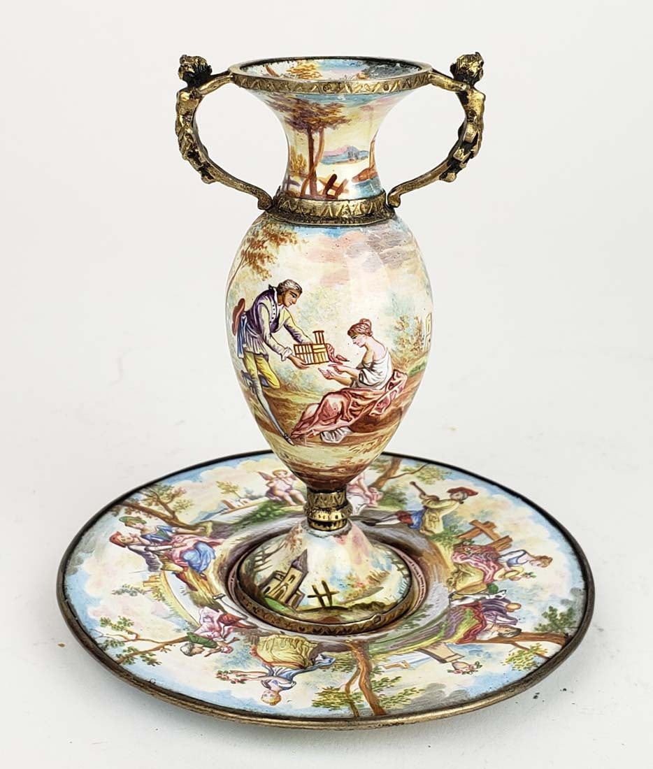 19th C. Viennese Enamel on Silver Figural Vase w/ Underplate (1 of 12)