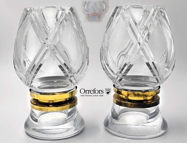 Pair Of Orrefors Crystal Cut Candle Lanterns