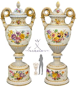 Pair of 19th Century Hand Painted German Porcelain Dresden Vases/urns