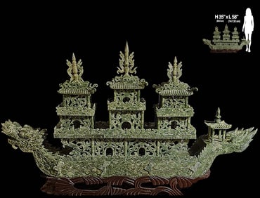 Very Large Chinese Carved Jade Dragon Boat With Carved Wooden Stand