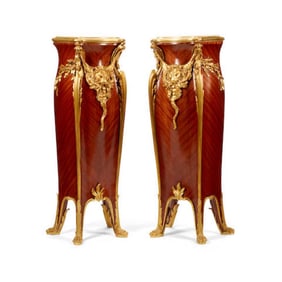 Pair of Large 19th C. Louis VV Style Gilt Bronze Mounted Mahogany Pedestals
