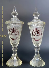 Pair Of 19th Century Cut To Clear Deer And Nature Moser Bohemian Czech Crystal With Top Vase