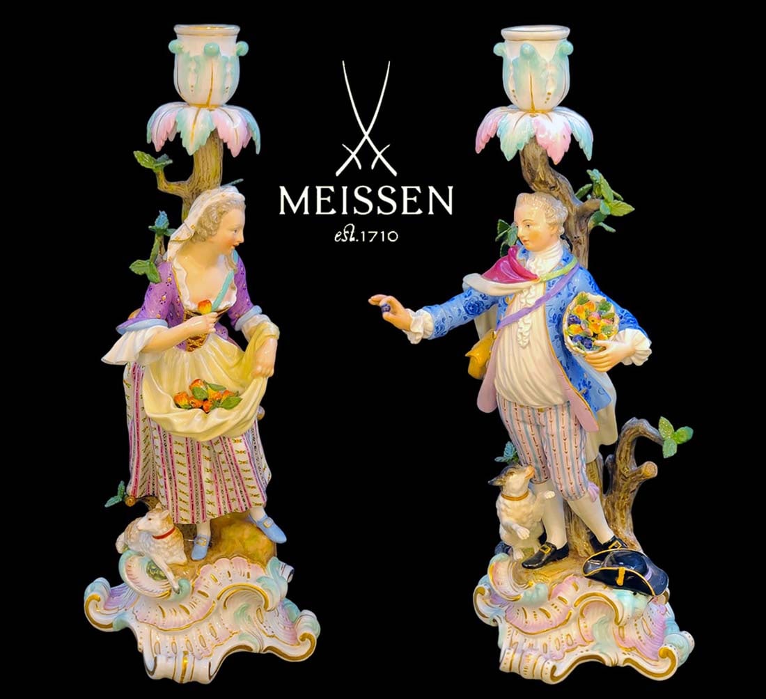 19th C. Pair Of Meissen Porcelain Figural Candlesticks: 19th C. Pair Of Meissen Porcelain Figural Candlesticks. Girl: H 14 x W 5 \ Guy: H 13 7/8" x W 5 1/2"