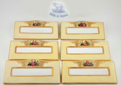 Set Of Six 19th C. Dresden Lamb Porcelain Hand Painted Name Tag