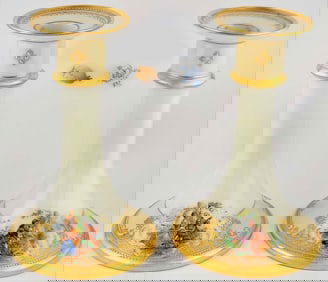 Pair Of 19th C. Dresden Lamb Porcelain Hand Painted Candlesticks