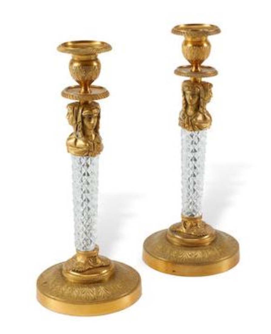 Pair of Charles X Gilt Bronze & Glass Candlesticks: Pair of Charles X Gilt Bronze & Glass Candlesticks. They measure H: 11 1/2"