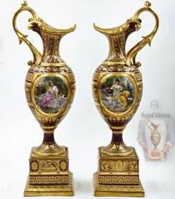 Pair Of 19th C. Royal Vienna Porcelain Burgundy Tankard