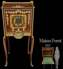 19th C. French Hand Painted Bronze Mounted Desk \ Cabinet Signed By Maison Forest