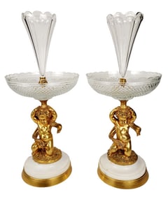 Pair of Large 19th C. Bronze, Marble, & Crystal Figural Centerpieces