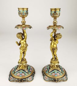 Pair of 19th C. French Champleve Enamel Candlesticks
