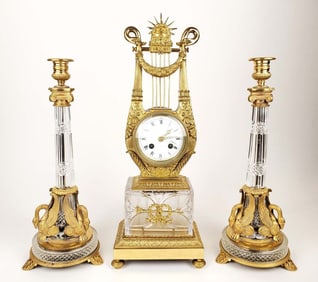 19th C. Empire Gilt Bronze & Crystal Clockset