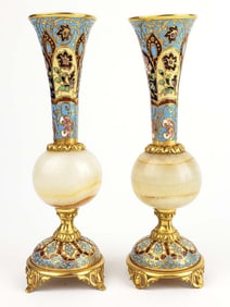 Pair of 19th C. French Champleve Enamel & Bronze Vases