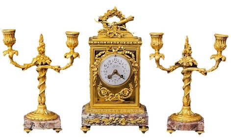 19th C. French Rouge Marble Gilt Bronze Mounted Clockset