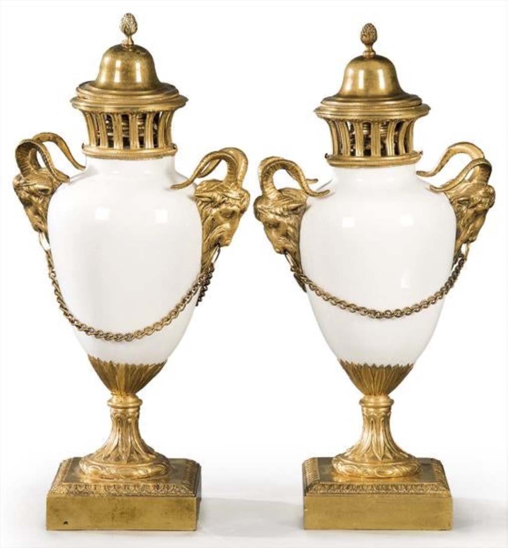 Pair of 19th C. Louis XVI Gilt Bronze & Porcelain Ram Handle Urns (1 of 1)